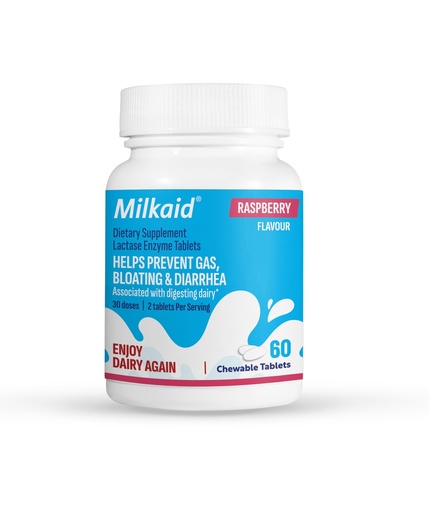 [BRSWYEIKCIMWEELV] Milkaid Lactase Enzyme Chewable Tablets for Lactose Intolerance Relief | Prevents Gas, Bloating & Diarrhea | Fast Acting Dairy Digestive Supplement (60 Tablets, Raspberry)