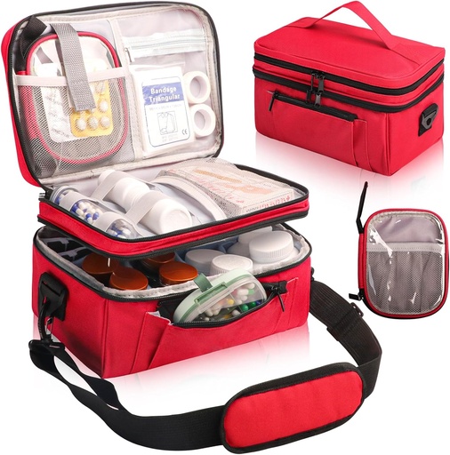 [BRSROED6CAGRSA3X] Geanta de medicina pentru calatorie cu portable Pouch mici, dublu strat flacon de pastile organizator caz de stocare cu Zippers Lockable, transporta medicamente de călătorie caz cu curea umăr (Bag DOAR), roșu