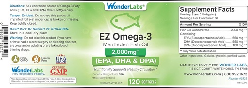 [BRSROCDYB4CBY2TO] EZ Omega-3 Atlantic Menhaden Fish Oil Supplement 2000 mg, Burpless, Made in The USA, Perfect Balance of EPA+ DHA + DPA 120 Softgels