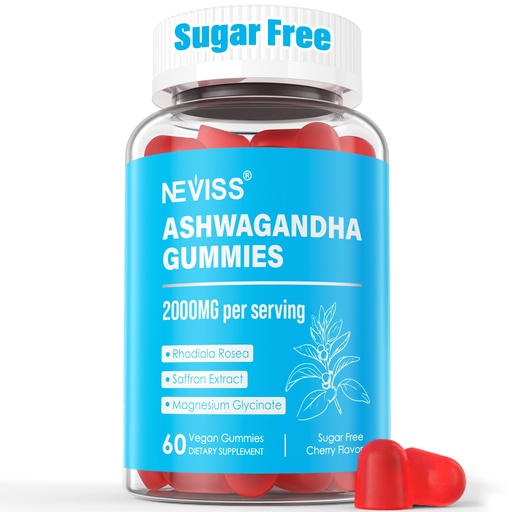 [BRSRMGD3PIBQMETX] Sugar Free Ashwagandha Gummies - with Magnesium Glycinate, Rhodiola Rosea, Zinc, Lemon Balm, B6 - Relaxation Support, Natural Zzz, Stamina, Energy for Men Women - 60 Counts