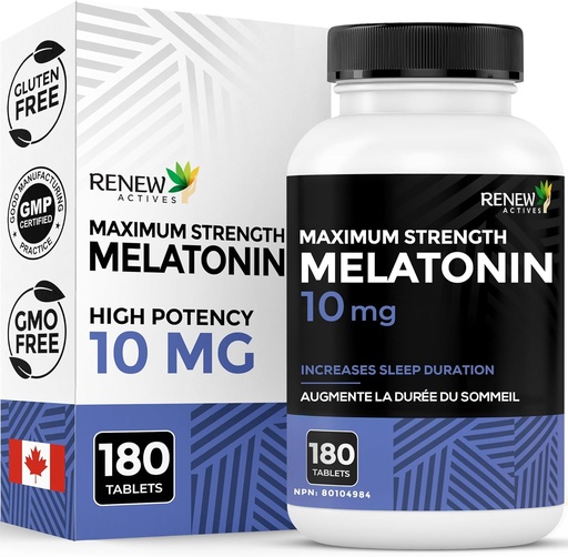 [BRSWYHYTC57AEDLK] Renew Actives Melatonin 10mg per Serving – Promotes a Deeper, Longer & Ideal for Sleep Management, Jet Lag & to Reset Your Sleep Cycle - Made in Canada - 180 Tablets