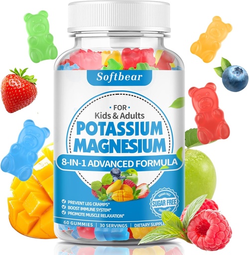 [BRSROFD7BYPRO2TA] softbear Potassium Gummies for Adults, High Absorption Potassium Magnesium Supplement with Vitamin B6 CoQ10 for Leg Cramps & Muscle Health Sugar-Free Vegan Mixed Fruit Flavor 60 Gummies