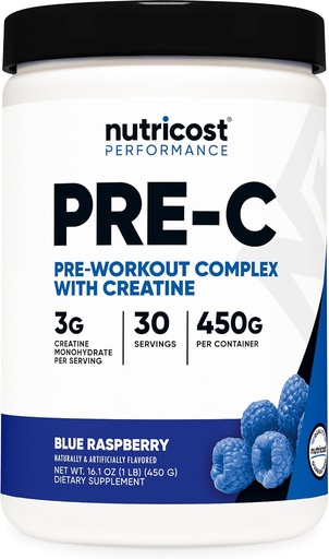 [BRSROHD2CUMBSFLD] Nutricost Pre-C Pre-Workout Complex Creatiini (Sininen Rasberry 30 Servings) Powder - Boost Fintess Rutiinit, 450g