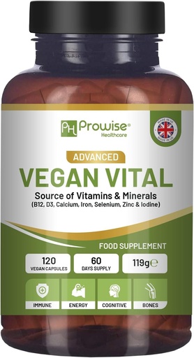 [BRSWYFICCR6QKHYU] Vegan Vital Multivitaminy a minerály 124; 120 Vegan Multivitamin kapsle 124; vápník, vitamin B12, vitamin B2, vitamin D3, Selen, jód, zinek & železo 124; podle Prowise Healthcare