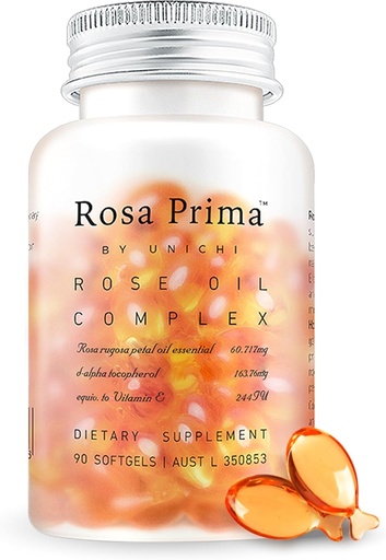 [BRSROGTQBANGCCLZ] Unichi Rose Oil E vitamīns E papildinājums ādas veselībai un reģenerācijai, menstruālais cikls Mood Management, Elpas atsvaidzināšana, 90 Softgels