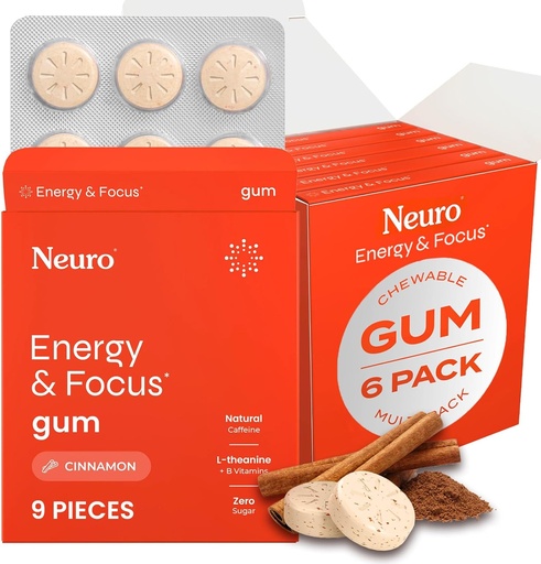 [BRSWGEDRBUIQMEQZ] NeuroGum Energy & Focus Gum (54 Count-6 Pack, Cinnamon) - 40 мг натурального кофеина + L-теанин + витамин B12 и B6 + ксилит