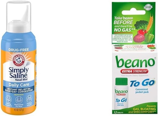 [BRSRAY33OYFBAAL6] Arm & Hammer Simply Saline Nasal Spray 4.5oz & beano to Go Gas Relief Tablets 12 Count