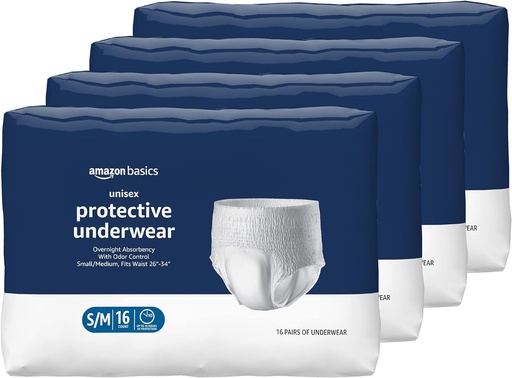 [BRSW22Q7AACQE3TK] Basics Unisex Schutzunterwäsche, Übernacht-Absorbenz, Small/Medium, 64 Count, (4 Packungen von 16)