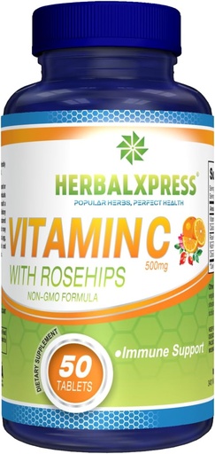 [BRSWYZIQBEFGKCLO] Herbalxpress Vitamin C 500mg med Rose HIPS, Askorbinsyre og Citrus Bioflavonoider 50 tabletter (1 tub) - Den kraftige Duo: - En komplementær tilnærming til å øke immunsystemet.
