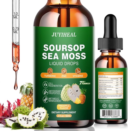 [BRSRAHTQA4IBOFAY] 7-in-1 Soursop Bitters Liquid, Soursop Oil with Sea Moss & Turmeric & Vitamino for Immune & Digestive & Cell Support, 糖无糖 & XN-GMO & Vegan 2 Fl oz Pineapple