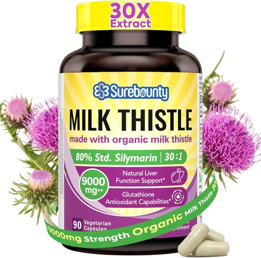 [BRSW2CARBEBBAFL6] Thistle de lait biologique, 9000 mg équivalent, 30X Extrait concentré de graines, 80% Silymarin, soutien du foie Nettoyer la détox, suppléments gras du foie, non-OGM, sans gluten et soja, 90 capsules de légumes, 3 mois d'approvisionnement
