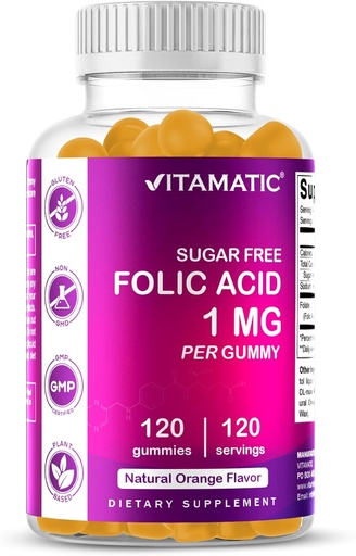 [BRSRMYI2CQGQEF3X] Vitamatic Folic Acid Gummies 1000 mcg (1 mg) - Essential Prenatal Vitamiines for äiti & Baby - vitamiini B9-120 Vegaani Gummies (1)