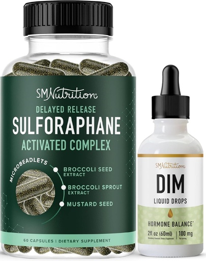 [BRSRAZYNBUNRSYLH] SMNutrition flytende DIM Supplement & Sulforaphane Complex | Estrogen Hormon Balancing Bundle med Aktivert mikrobeadlet Sulforaphane Supplement (30 Serveringer) og 100 mg DIM flytende Drops (25 Serveringer)