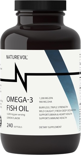 [BRSRAGILOUAWKD3Z] Triple Fuerza Omega 3 Fish Oil 4200mg - Burpless TENIDO Más de 2200mg de Omega 3 Fatty Acids TEN 1200mg EPA + 900mg DHA ← Mejores ácidos grasos esenciales Silencioso Pescado/Deep Sea Fish, Lemon Flavored - 240 Softgels