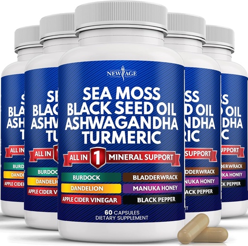 [BRSROCD2OEHAMCTF] NEW AGE Sea Moss Black Seed Oil Ashwagandha Turmeric Bladderwrack Burdock - con Manuka, Miele Dandelion, ACV Black Pepper Gluten Free