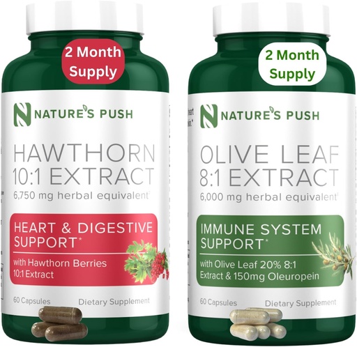 [BRSRAHALC4IQOAD5] Nature's Push Hawthorn Berry and Olive Leaf Bundle of Super Potent 10:1 Hawthorn Berry Extract (2 Month Supply) and Olive Leaf Super Potent 8:1 Extract 20% Oleuropein 750mg Capsule (2 Month Supply)
