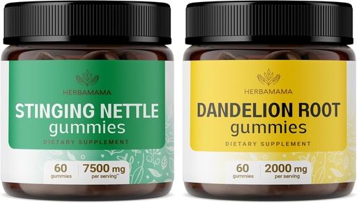 [BRSRAGA5PMFBYDI4] HERBAMAMA 스팅 Nettle 및 Dandelion 키트 - 7500 mg Sting Nettle Root & 2000 mg Dandelion Root Gummies의 번들 - Vegan, Non-GMO, Gelatin-Free - 2 팩