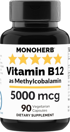 [BRSWYY34O4OR6DIV] MONOHERB Vitamin B12 Methylcobalamin 5000 mcg - 90 Vegetarian Capsules - B12 Methyl