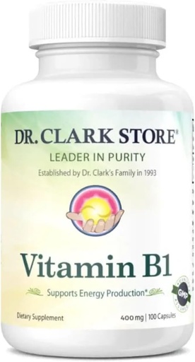 [BRSWIZQ2CMEBE332] Dr. Clark Vitamin B1 Thiamine 400mg συμπλήρωμα -Thiamine B1 συμπλήρωμα για το υγιές νευρικό σύστημα & την ενέργεια Μεταβολισμός, χωρίς γλουτένη, χωρίς γαλακτοκομικά - 100 κάψουλες Ζελατίνη