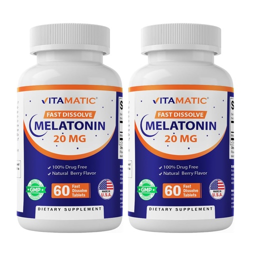 [BRSW2FADAUPGMCTL] Vitamatic 2-Pack High Potency Melatonin 20 mg – 60 Fast Dissolve Tablets Total Fast-Acting Sleep Support – Natural Berry Flavor | Vegetarian