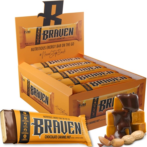 [BRSROYAZBUBAM2AU] Braven Bar Chocolate Caramel Nut Energy Bars (1.59 oz, Pack of 20) – Energy Chews with 5g Protein – On-the-Go Energy Snacks for Running, Hiking, and Sports - Gluten Free Snacks for Sustained Energy Boost