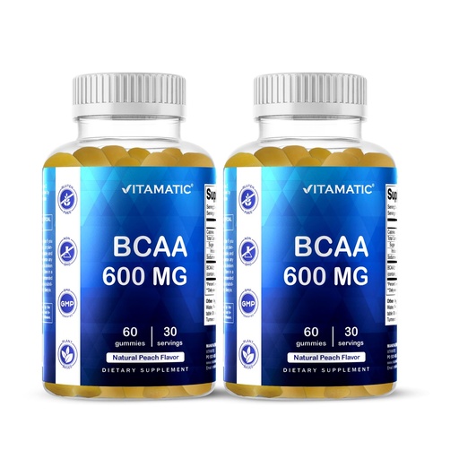 [BRSROZQCAEIGG3LJ] Vitamatic BCAA Gummies - Branch Chain Amino Acid Supplements - Peach Flavor - 600mg per Serving - 60 Vegan Pectin Based Gummies (2 Bottles)