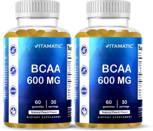[BRSROZQCAEIGG3LJ] Vitamatic BCAA Gummies - Branch Chain Amino Acid Supplements - Peach Flavor - 600mg por Serving - 60 Vegan Pectin Based Gummies (2 Bottles)