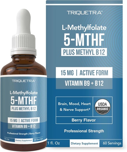 [BRSRM2T2CMIRQAL2] L methylfolat 15mg Plus Methyl B12 Cofaktor - Økologisk berry flavor, høj potens flydende Sublingual Active 5- MTHF Form - Understøtter Mood, Methylation, Cognition - Bioactive Forms B9 & B12 (1oz)