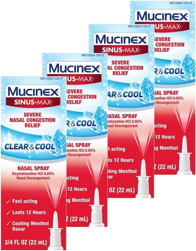 [BRSWGZIZDIJRGEI2] Mucinex Nasal Decongestant Spray, Sinus-Max Severe Nasal Congestion Relief Clear & Cool Nasal Spray, Lasts 12 Hours, Fast Acting, Cooling Menthol Flavor, Packaging May Vary, 0.75 Fl Oz (Pack of 4)