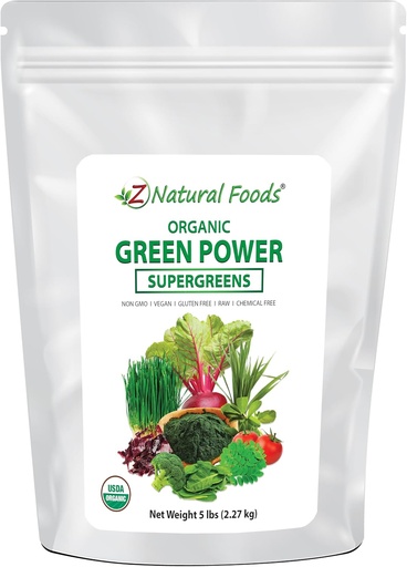 [BRSWGAQQBEMQOEY7] Z Natural Foods Organic Greens Superfood Powder - Barley Grass, Wheatgrass, Spirulina, Spinach, Broccoli, Alfafa Leaf, Beet Root, Tomato, Dulse & Moringa - Rå Vegansk Glutenfri - 5lbs
