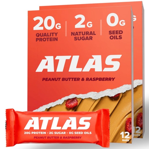[BRSRMYYCA4GQIGT2] Atlas Protein Bar, 20g Protein, 1g Sugar, Clean Ingredients, Gluten Free (Peanut Butter Raspberry, 12 Count (Pack of 2))