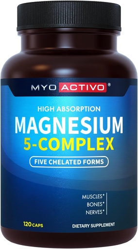 [BRSRO2Y6DF4GM3DB] 5-in-1 Magnesium Complex - hohe Absorption - Chelat Magnesium Glycinat, Malat, Citrat, Taurat, & Aspartate für Nerves, Muskeln, Knochen | 120 Kapseln | Magnesium Supplement