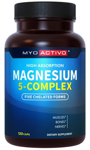 [BRSRO2Y6DF4GM3DB] MyoActivo 5-in-1 Magnesium Complex - High Absorption - Chelated Magnesium Glycinate, Malate, Citrate, Taurate, & Aspartate for Nerves, Muscles, Bones | 120 Capsules | Magnesium Supplement