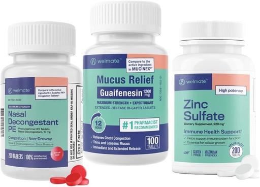 [BRSROBQNO57GE2TV] WELMATE Ultimate Cold & Allergy Relief Bundle: Maximum Strength Guaifenesin 1200 Mg Mucus Relief (100 Tablets), Phenylephrine HCl 10 mg Nasal Decongestant (200 Tablets) & Zinc Sulfate 220mg