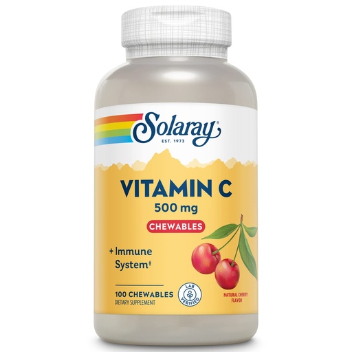 [BRSWIYTYO4GQOEDK] SOLARAY Chewable Vitamin C 500 mg, Natural Cherry Flavor with Natural Sweeteners, Antioxidant and Immune Support Supplement with Whole Food Base, 60-Day Guarantee, 100 Servings, 100 Chewables