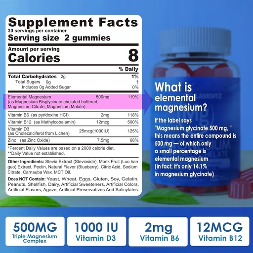 [BRSRAFD4OQHBU2DZ] Suplemento de magnesio 500mg, Magnesium Complex Gummies w/Magnesium Glycinate, Malate, Citrate, D3, B6, B12 para el sueño, Migraine Relief, Muscle & Bone, Ultimate Absorption Magnesium Suplemento, 2 Pack