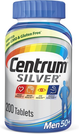 [BRSWIYDRAIGWEDTC] Centrum Silver Multivitamin for Men 50 Plus, Multivitamin/Multimineral Supplement with Vitamin D3, B Vitamins and Zinc, Gluten Free, Non-GMO Ingredients - 200 Count