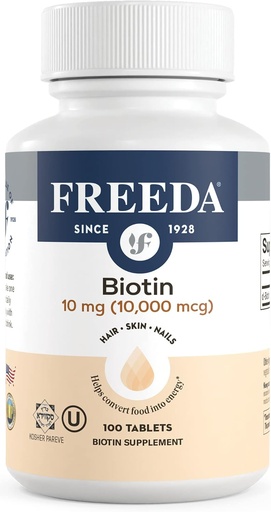 [BRSWIYL2PNYW2YDM] FREEDA Biotin 10 000 mikrog – Kosher hår, hud og negler Supplement – høy potens B7 for hårvekst og sterke negler – Vegantabletter med D-Biotin – 100 Tiny Tablet