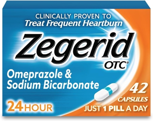 [BRSWIYL2AIHAEG3K] Zegerid OTC, Rilievo di bruciore di stomaco 24 ore, Medicina di riflusso acido e Antacid, Tratta frequenti bruciore di stomaco, Omeprazolo 20mg + Bicarbonato di sodio, Inibitore della pompa di protone (PPI), 42 capsule