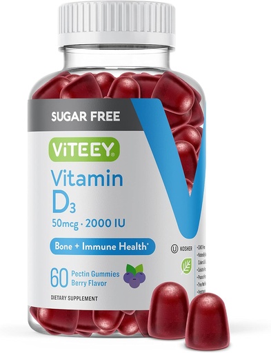 [BRSRMAADDNYRQHY7] Viteey Vitamin D3 Gummies for Adults & Teens - 2,000 IU, 50mcg - Sugar Free, Bone, Joint & Muscle Health, Immune Boost - Vegetarian, Gelatin Free, GMO Free - Tasty Chewable Berry Flavored Gummy