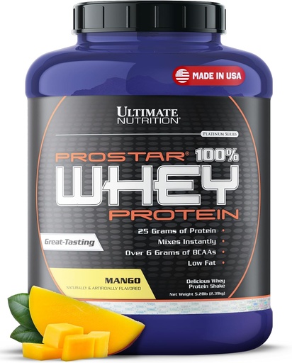 [BRSWGHADCQIRYF3X] Ultimate Nutrition Prostar Whey Protein Powder Isolate, Mango - Low Carb, High Protein Powder Shake for Muscle Gain & Recovery - Low Sodium, Low-Fat & Keto Friendly - 5.28 lbs Tub