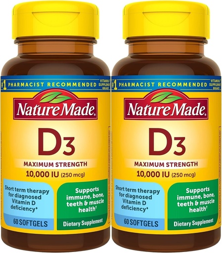 [BRSRA237BYIGGYIV] Nature Made Maximum Strength Vitamin D3 10000 IU (250 mcg), Dietary Supplement for Bone, Teeth, Muscle and Immune Health Support, 60 Softgels, 60 Day Supply - Pack of 2