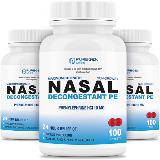 [BRSRMHAZOB7RUGYY] Puregen Labs Nasal Decongestant PE 3 Pack - 300 Tablets Total | Phenylephrine HCl 10 mg | Maximum Strength | Non Drowsy Nasal & Sinus Congestion Relief Due to Cold or Allergies