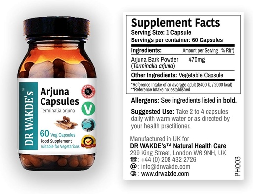 [BRSWIEIKPIIQMFLK] DR WAKDE's Arjuna Capsules (Terminalia arjuna) | 60 Veg Caps | Ayurvedic Supplement | Vegan | 100% Herbal | Quantity Discounts | Same Day Dispatch