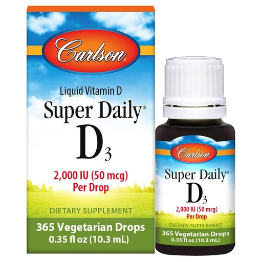 [BRSWIZY2CN4AA33K] Carlson - Super Daily D3, Vitamin D Drops, 2,000 IU per Drop, 1-Year Supply, Vitamin D3 Liquid, Heart & Immune Health, Vegetarian, Liquid Vitamin D Drops, Unflavored, 365 Drops