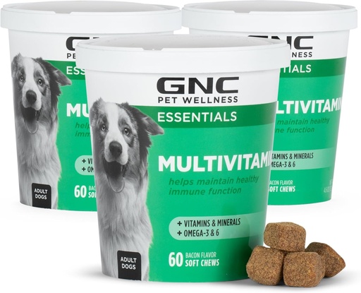 [BRSROAINCICWAYDF] GNC Pets Essentials Dog Multivitamin Soft Chews, Salmon Oil Dog Supplement in Bacon Flavor, Immune Booster and Skin and Coat Support Chewable with Vitamins & Minerals, 60 Count - 3 Pack