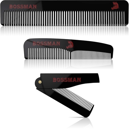 [BRSWGCT2DMCWACAU] Bossman Acetate Beard, Mustache, & Hair Comb Set of 3 - Combs for Men with Minimalistic Magnetic Box (7.5-Inch, 5-Inch, 3.5-Inch) - Features Rounded Teeth, Double-Sided Teeth, and Foldable Design