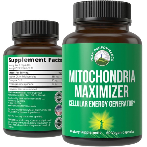 [BRSWGZY3OEIROE33] Peak Performance Mitochondria Maximizer with CoQ10 and Active PQQ. Best Mitochondrial Support Supplement with MCT Oil. Natural Cellular Generator for Clean, Energy Support. 60 Vegetarian Capsules