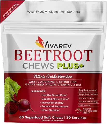 [BRSROFA2BMHQAYDL] Beetroot Nitric Oxide Supplement - 1000mg Beet Powder with L Arginine, L Citrulline, Grape Seed Extract, Niacin, Vitamin C & B12 - Beet Chews - Pack of 60