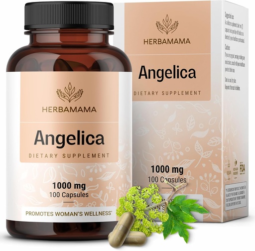 [BRSWGA32PMNAKFL6] HERBAMAMA Dong Quai Supplement - 1000mg Angelica Root for Women's Support - Dong Quai Powder Capsules - Vegan, Non-GMO Angelica Herb Antioxidant Supplement for Women